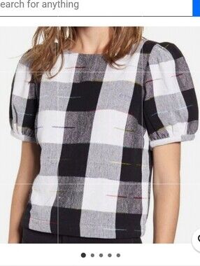 Anthropology The Odells  Black & White Plaid Puff-Sleeve Top